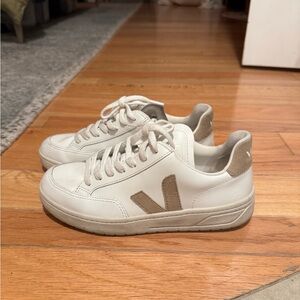 Veja V-12 Leather Cream and Tan Casual Sneakers